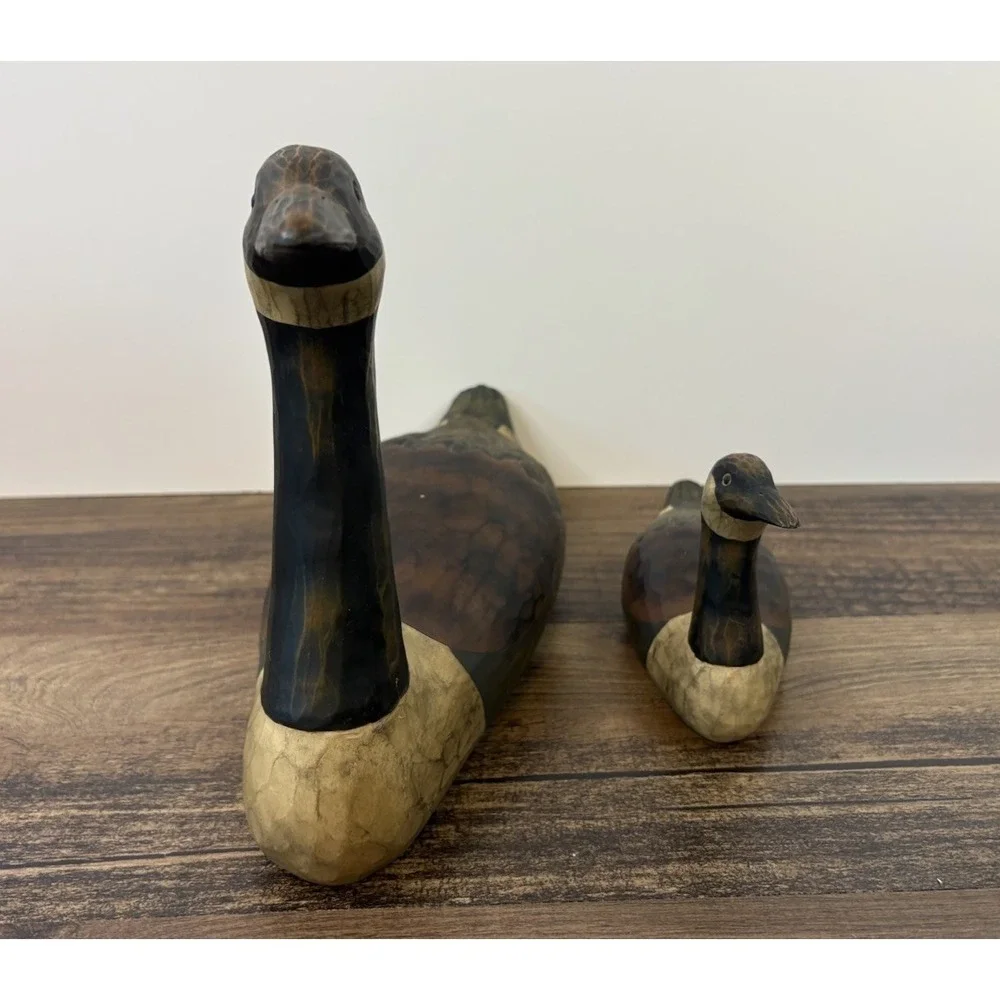 Hand Curved Canadian Wooden Goose Mama And Baby Figures Figurines Lot Of 2